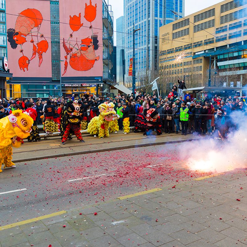 Lion dance in front with fireworks